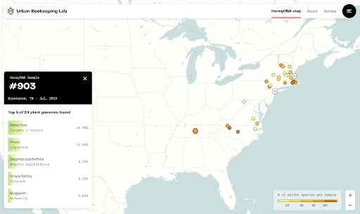 Screenshot of the UBL website wireframe, mapping East Coast HoneyDNA results