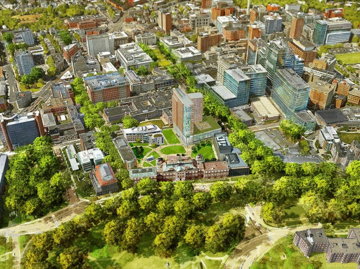 arial view of Simmons University in the middle of Boston with green spaces and trees