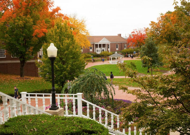 University campus in the fall with fall foliage