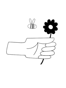 black and white illustration of a hand holding a flower to symbolize the benefits of corporate beekeeping