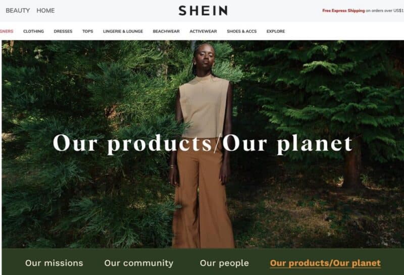 Shein home page showing a model standing in a forest greenwashing their negative environmental impact