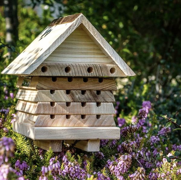 A small wooden bee hotel sitting on small purple flowers