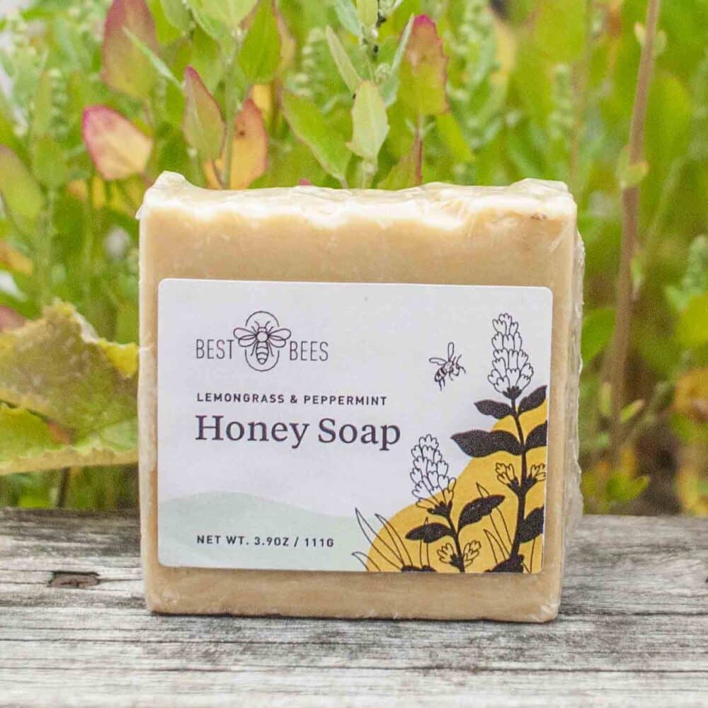 yellow honey soap with leaves in the background